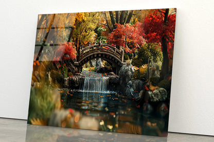 Bridge Over a River with a Waterfall and Trees Acrylic Glass Print Tempered Glass Wall Art 100% Made in Australia Ready to Hang - Bella Home Decor