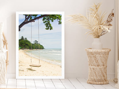 Swing Tree Sand Beach View at Thailand Glass Framed Wall Art, Ready to Hang Quality Print Without White Border White