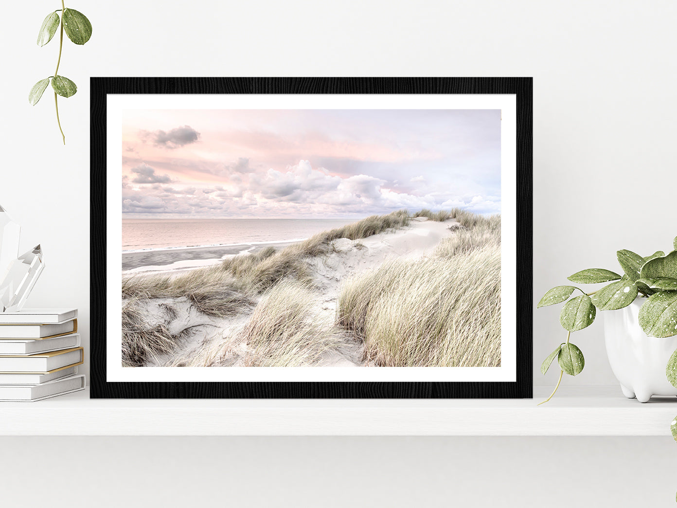 Sand Dunes & Cloudy Sky Sunset Photograph Glass Framed Wall Art, Ready to Hang Quality Print With White Border Black