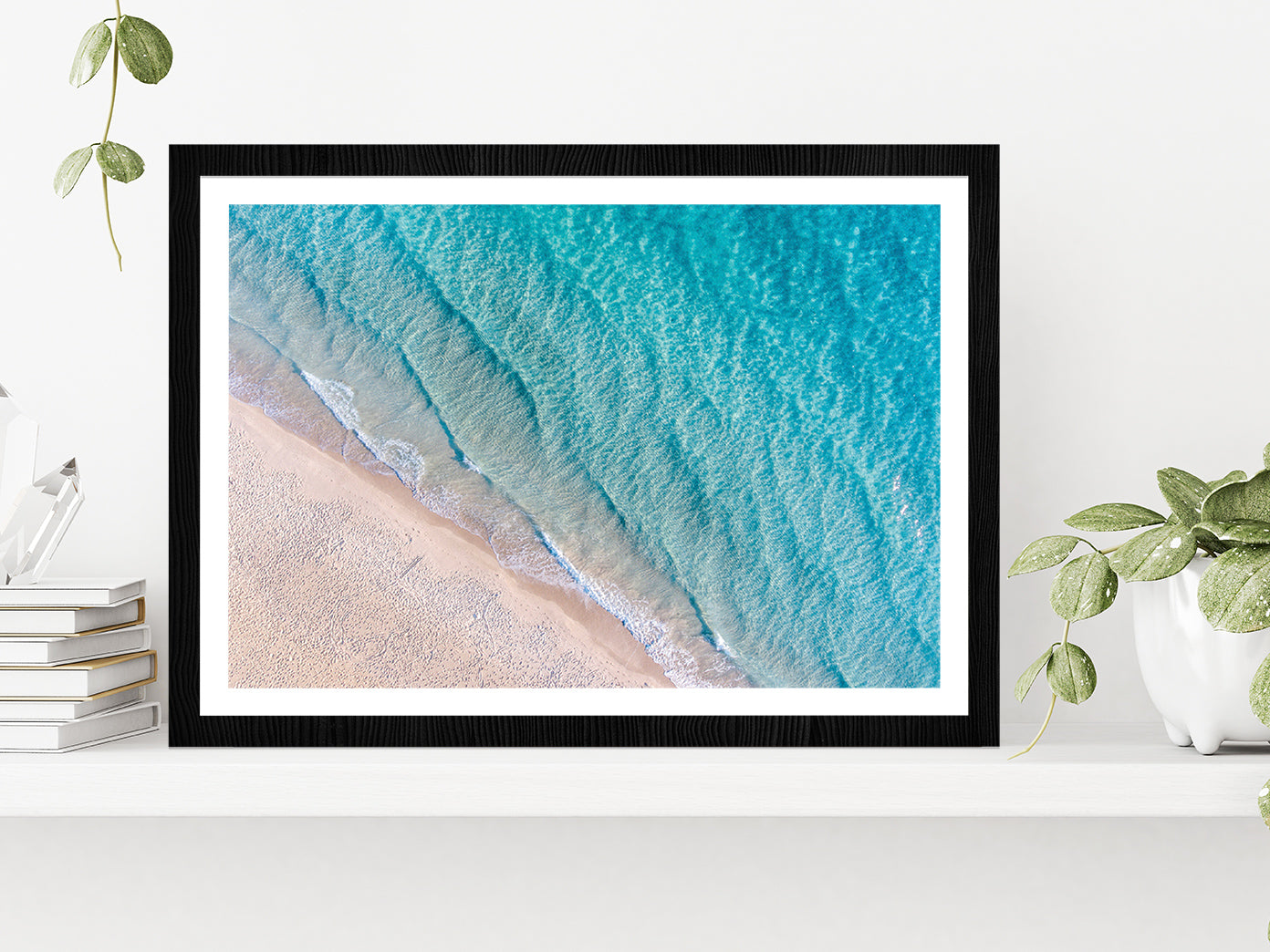 Coastline With Sea Waves & Sand Glass Framed Wall Art, Ready to Hang Quality Print With White Border Black