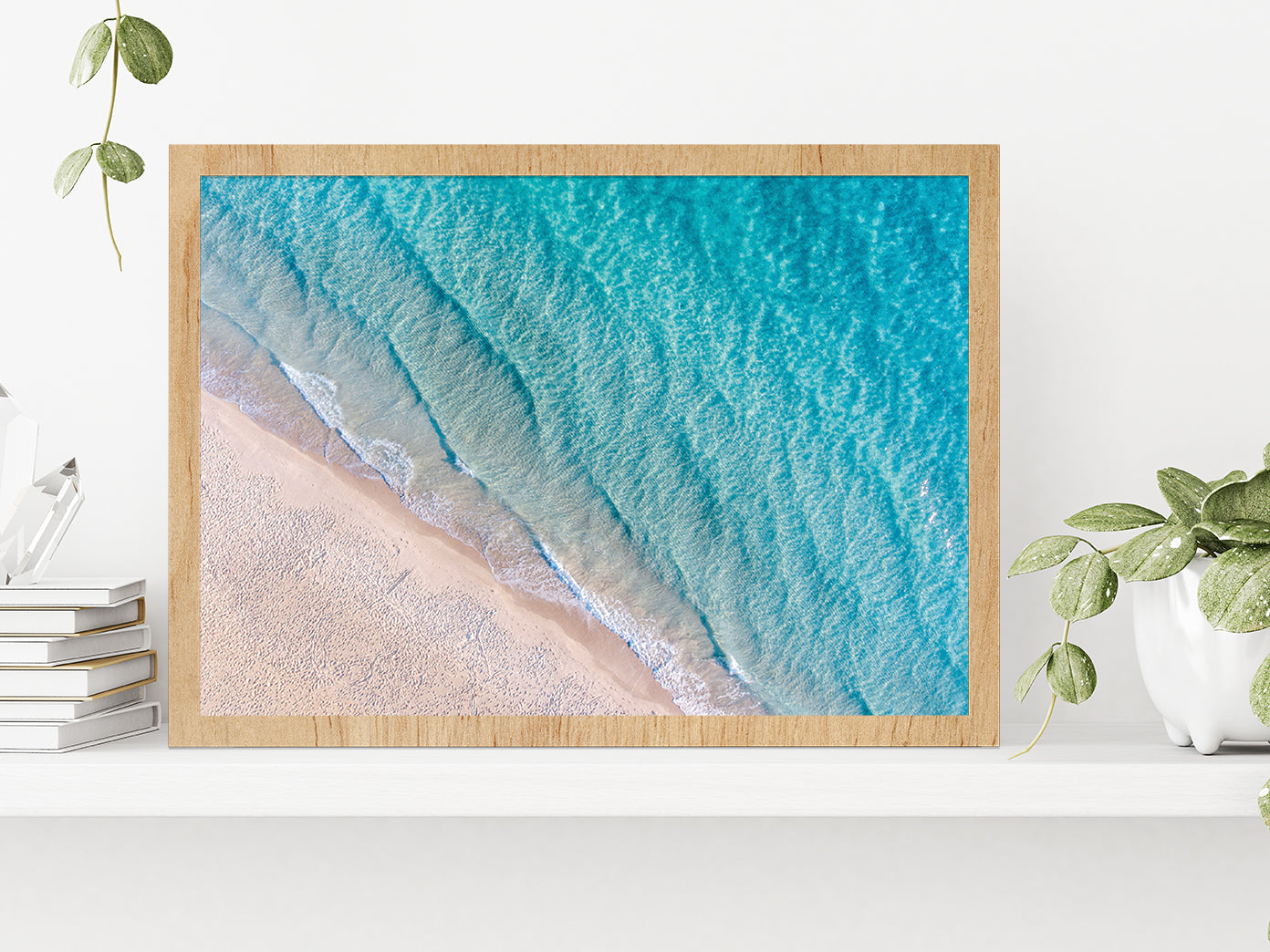 Coastline With Sea Waves & Sand Glass Framed Wall Art, Ready to Hang Quality Print Without White Border Oak