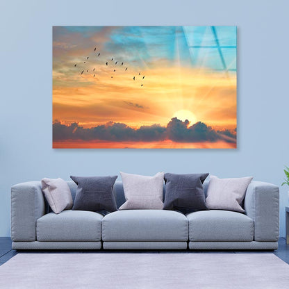 Cloud The Evening Sky at Sunset and The Bright Sun with Rays Acrylic Glass Print Tempered Glass Wall Art 100% Made in Australia Ready to Hang