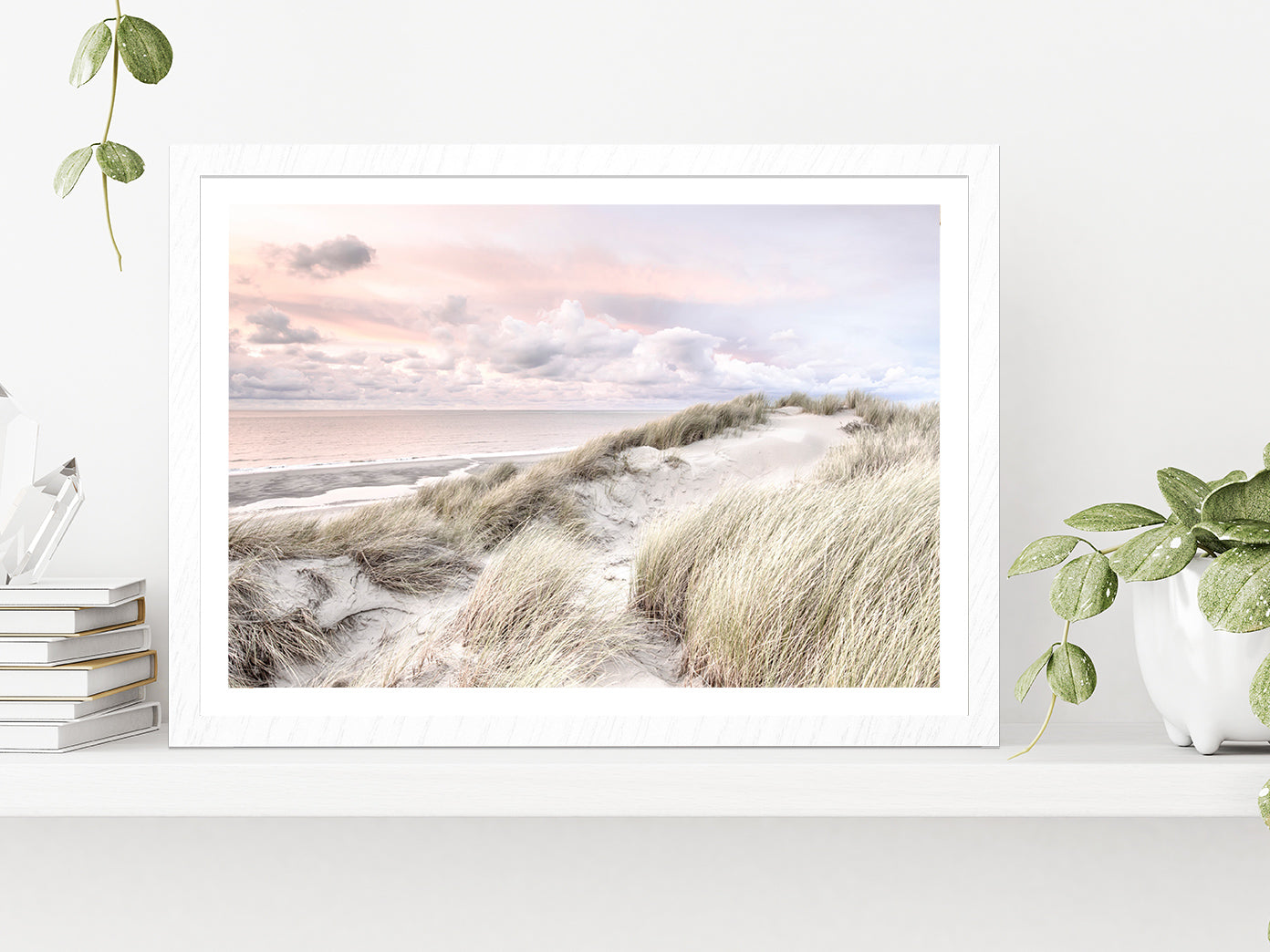 Sand Dunes & Cloudy Sky Sunset Photograph Glass Framed Wall Art, Ready to Hang Quality Print With White Border White