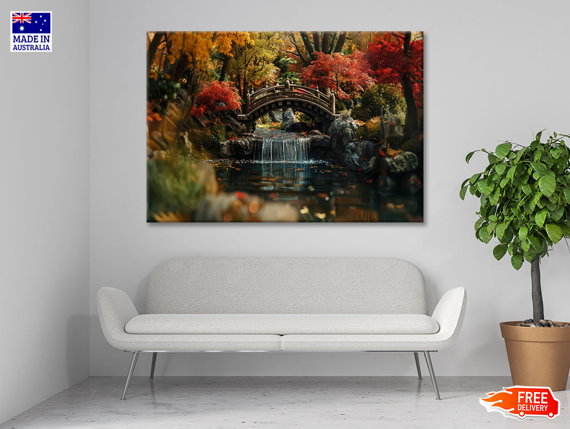 Bridge Over a River with a Waterfall and Trees Print 100% Australian Made - Bella Home Decor
