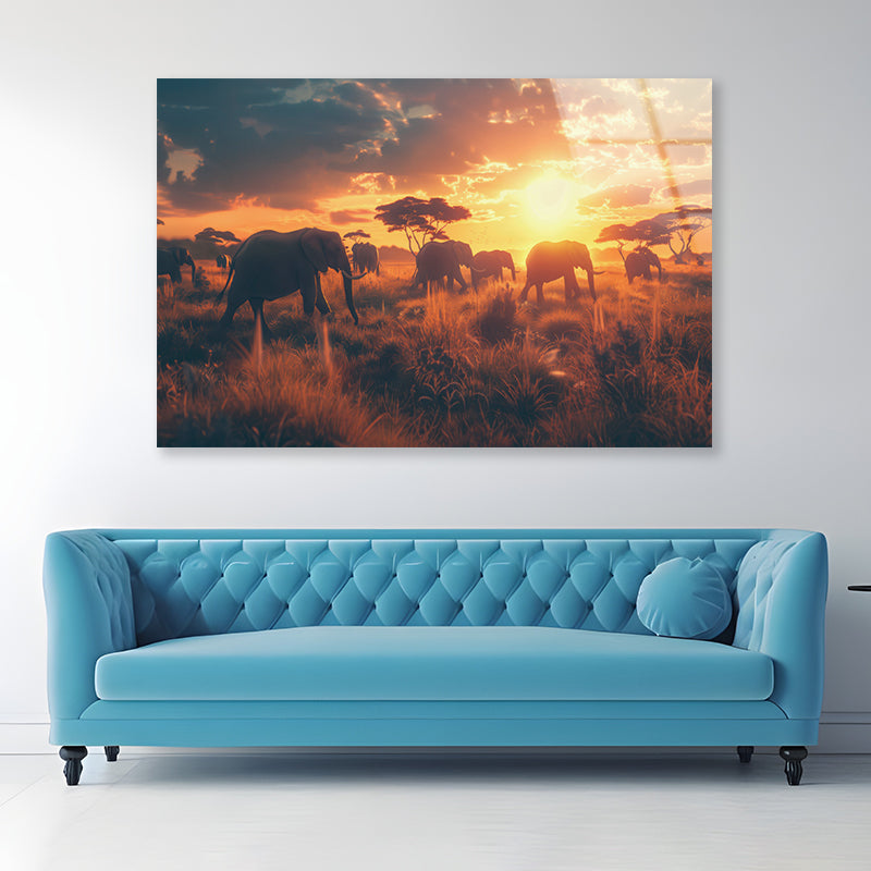 Herd of Elephants Walking Acrylic Glass Print Tempered Glass Wall Art 100% Made in Australia Ready to Hang - Bella Home Decor