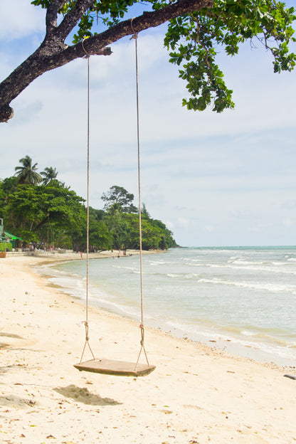 Swing Tree Sand Beach View at Thailand Glass Framed Wall Art, Ready to Hang Quality Print