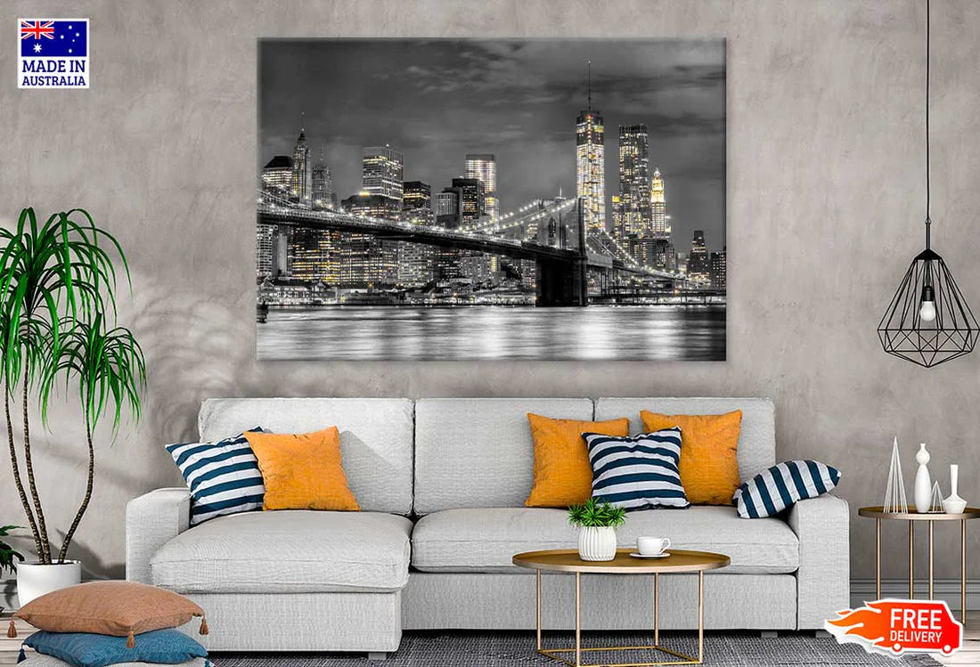 B&W Night City with Lights View Photograph 90x60cm Print 100% Australian Made