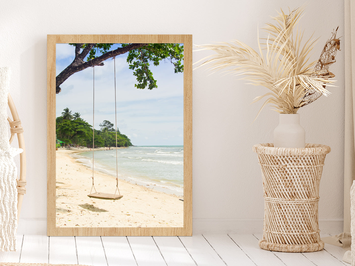 Swing Tree Sand Beach View at Thailand Glass Framed Wall Art, Ready to Hang Quality Print Without White Border Oak