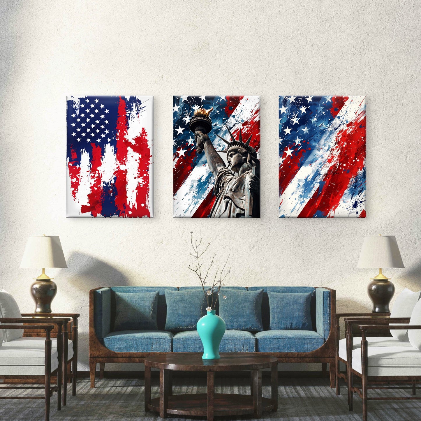 3pcs Statue of Liberty American Flag Abstract  Wall Art Set Canvas Framed 60x90cm - High Quality Print 100% Australian Made Wall Canvas Ready to Hang