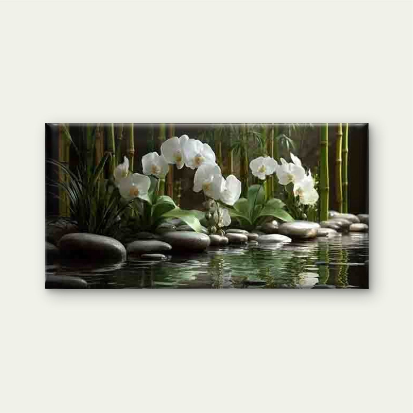 Bamboo Pond with White Orchids Wall Art Canvas Office Home Room Framed 120x60cm - Bella Home Decor