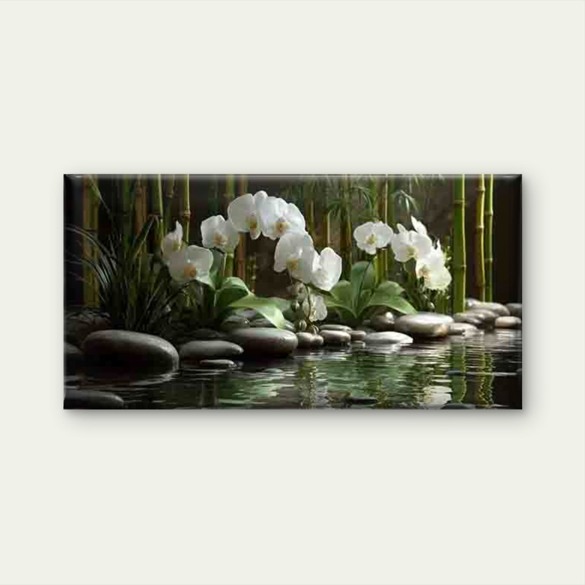 Bamboo Pond with White Orchids Wall Art Canvas Office Home Room Framed 120x60cm - Bella Home Decor