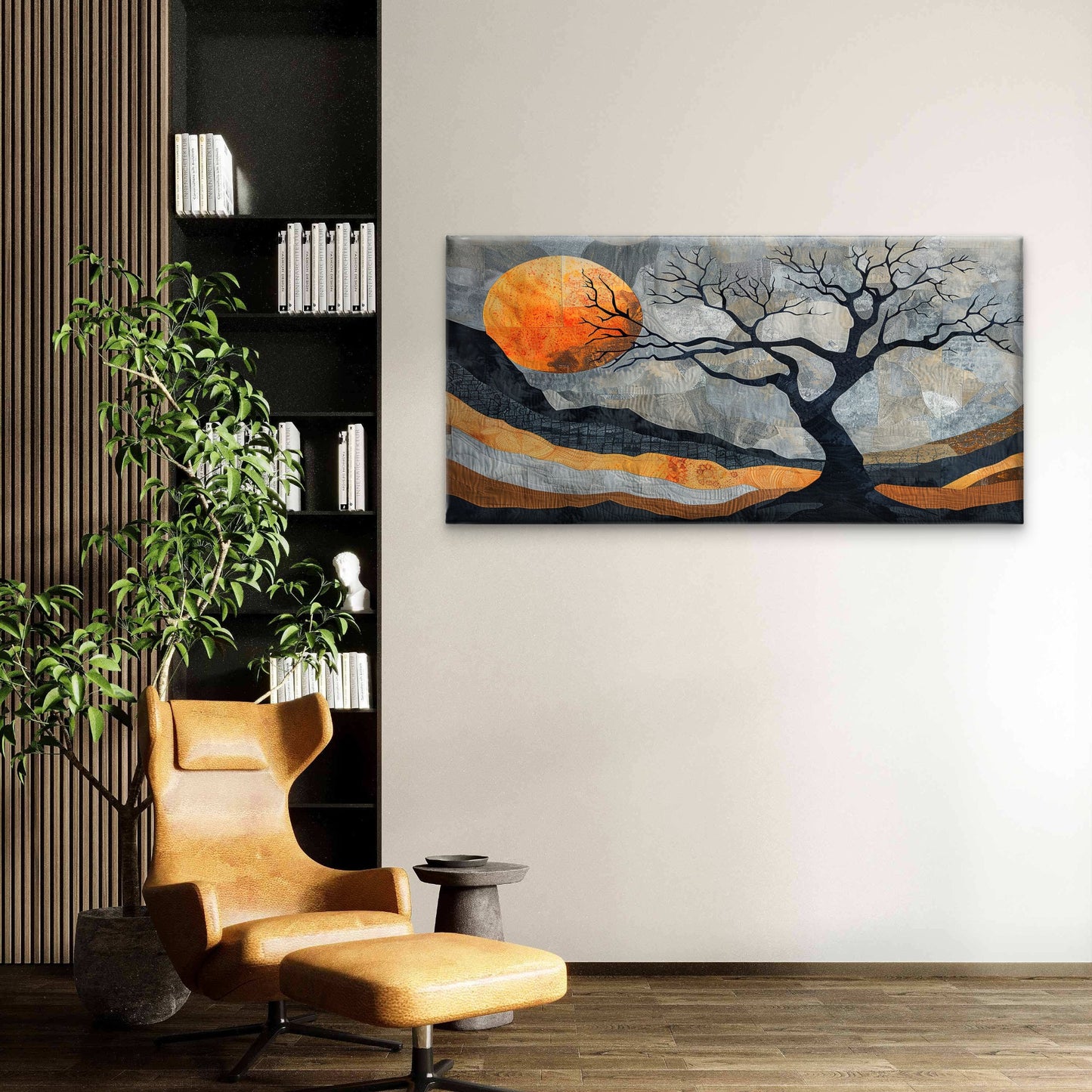 Abstract Patchwork Sun Tree Wall Art Canvas Office Home Room Framed 120x60cm
