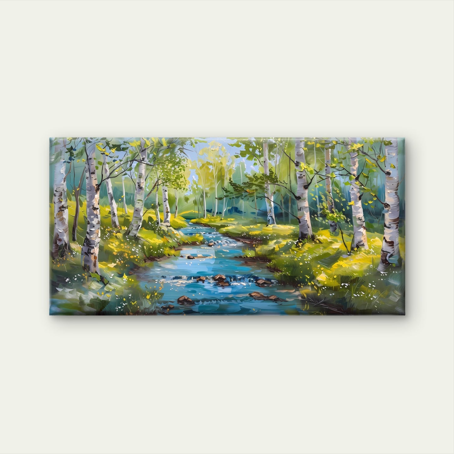 Serene Birch Forest River Flowing Through Sunlit Trees Landscape Wall Art Canvas Office Home Room Framed 120x60cm