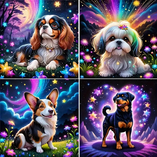 4pcs Magical Nighttime Dog Scene Wall Art Canvas Framed