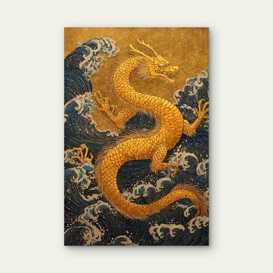 Japanese Golden Dragon & Sea Serpent 40x60cm Metal Print Ready to Hang