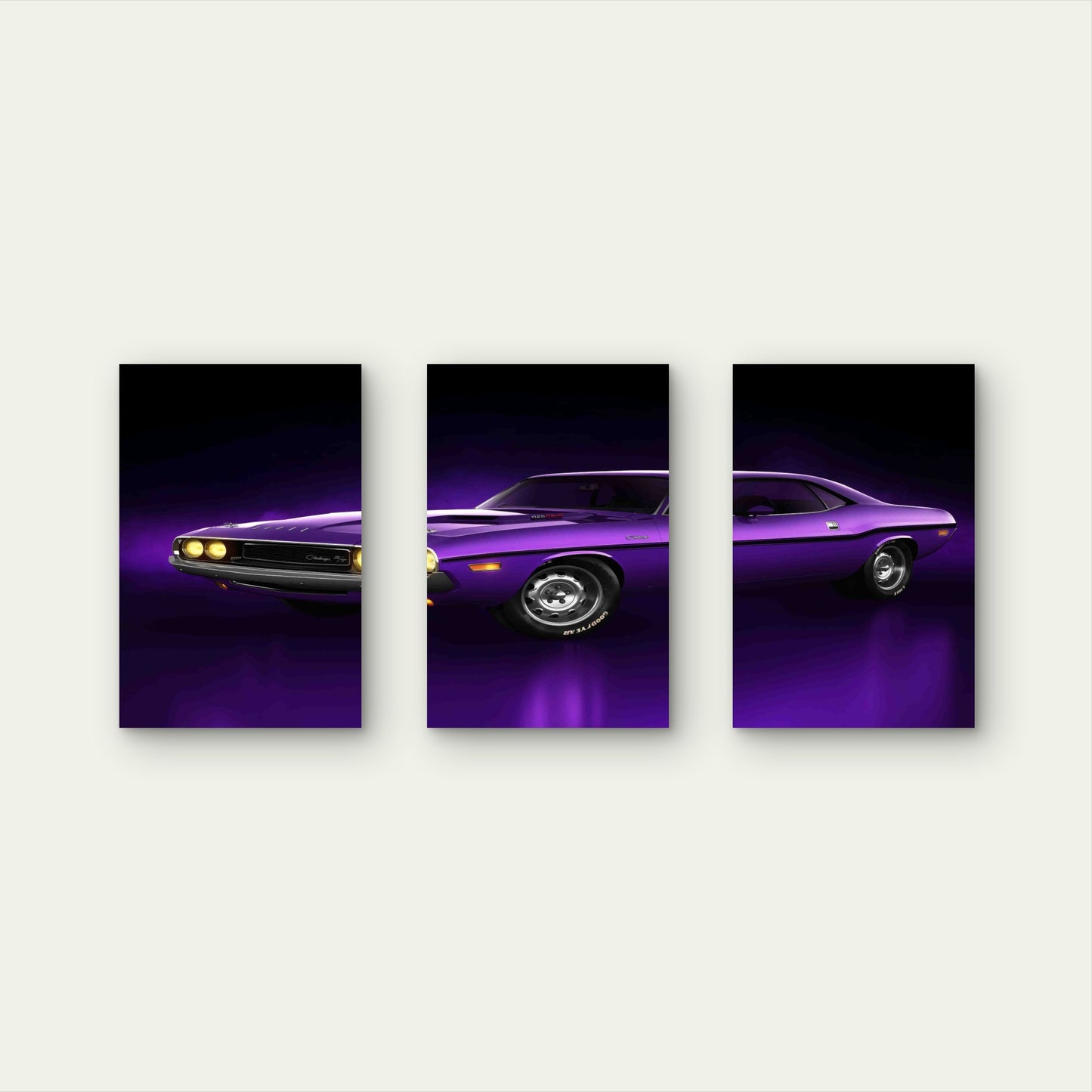 3pcs Purple Retro Muscle Car Yellow Headlights Metal Print Ready to Hang Art