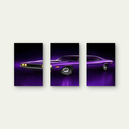 3pcs Purple Retro Muscle Car Yellow Headlights Metal Print Ready to Hang Art