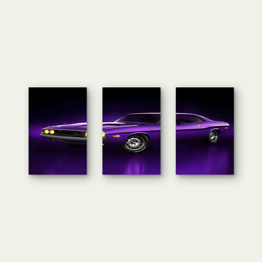3pcs Purple Retro Muscle Car Yellow Headlights Metal Print Ready to Hang Art