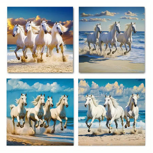 4pcs Tropical Beach Island Horse Stallions Wall Art Canvas Framed