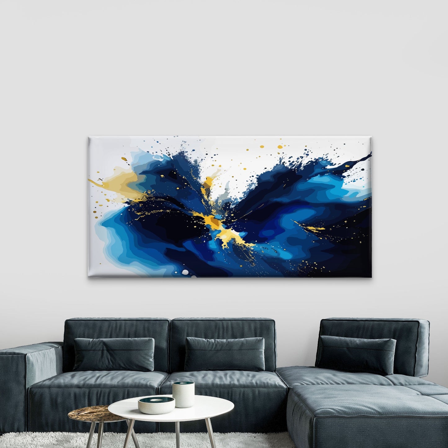 Blue Gold Abstract Explosion Wall Art Canvas Office Home Room Framed 120x60cm