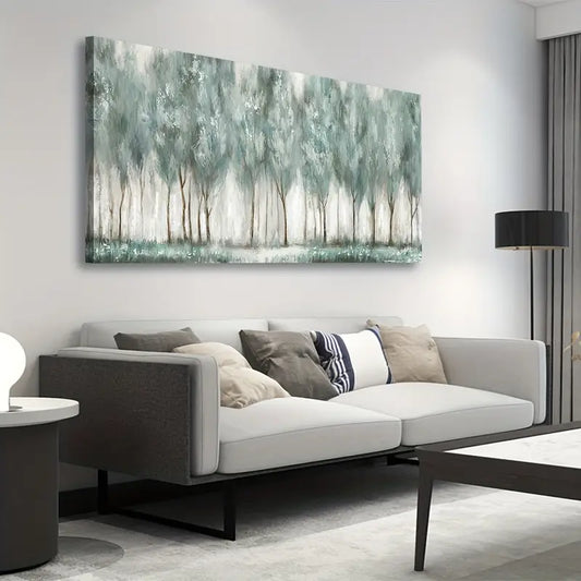Abstract Forest Grey Teal Foggy Trees Wall Art canvas office home room framed 120x60cm