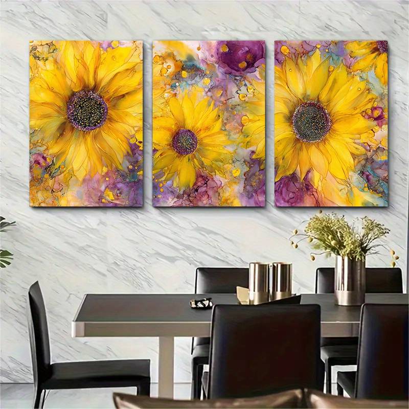 3pcs Seamless Sunflowers in The Breeze Metal Print Ready to Hang Art