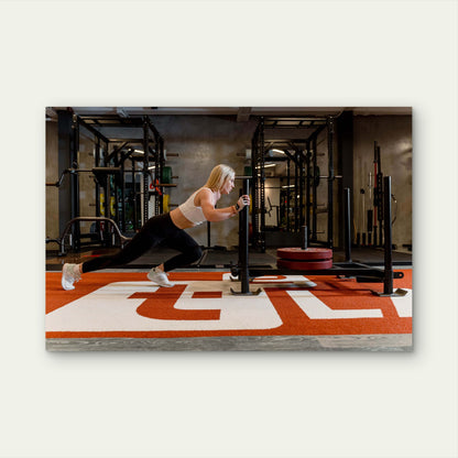 Fitness Woman Pushing Heavy Sled Gym Workout Track 5mm thick Plastic Poster Ready to Hang 90x60cm