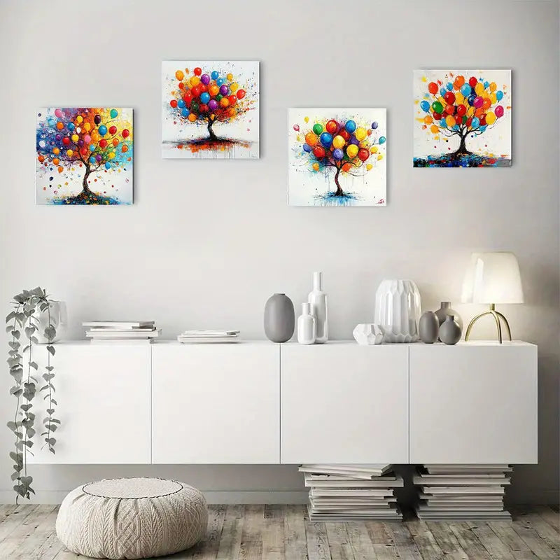 4pcs Vibrant Abstract Tree & Balloon Wall Art Canvas Framed