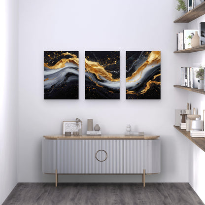 3pcs Painting Gold Black Swirl Metal Print Ready to Hang Art