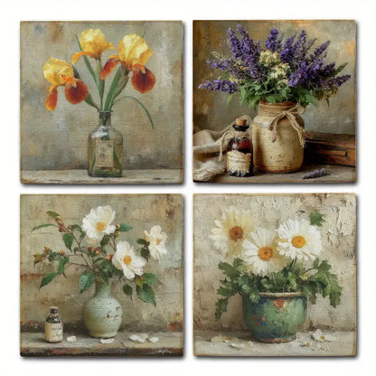 4pcs Neutral Tones,Flower Vase Purple,Yellow Wall Art Canvas Framed