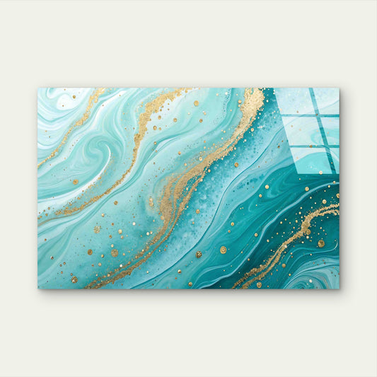 Turquoise Gold Abstract Tempered Glass Printing Wall Art Australian Made Quality