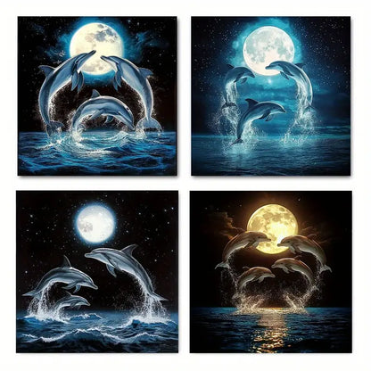 4pcs Dolphin Moon Canvas Art Prints Wall Art Canvas Framed