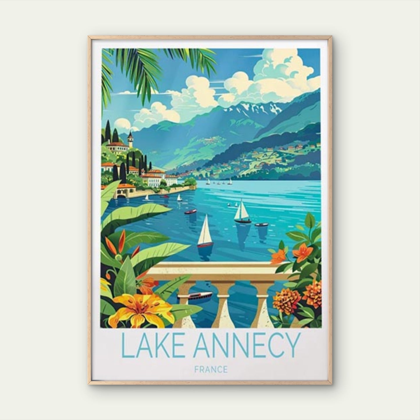 Lake Annecy In France, Boats & Mountains Travel Poster Print Wall Art