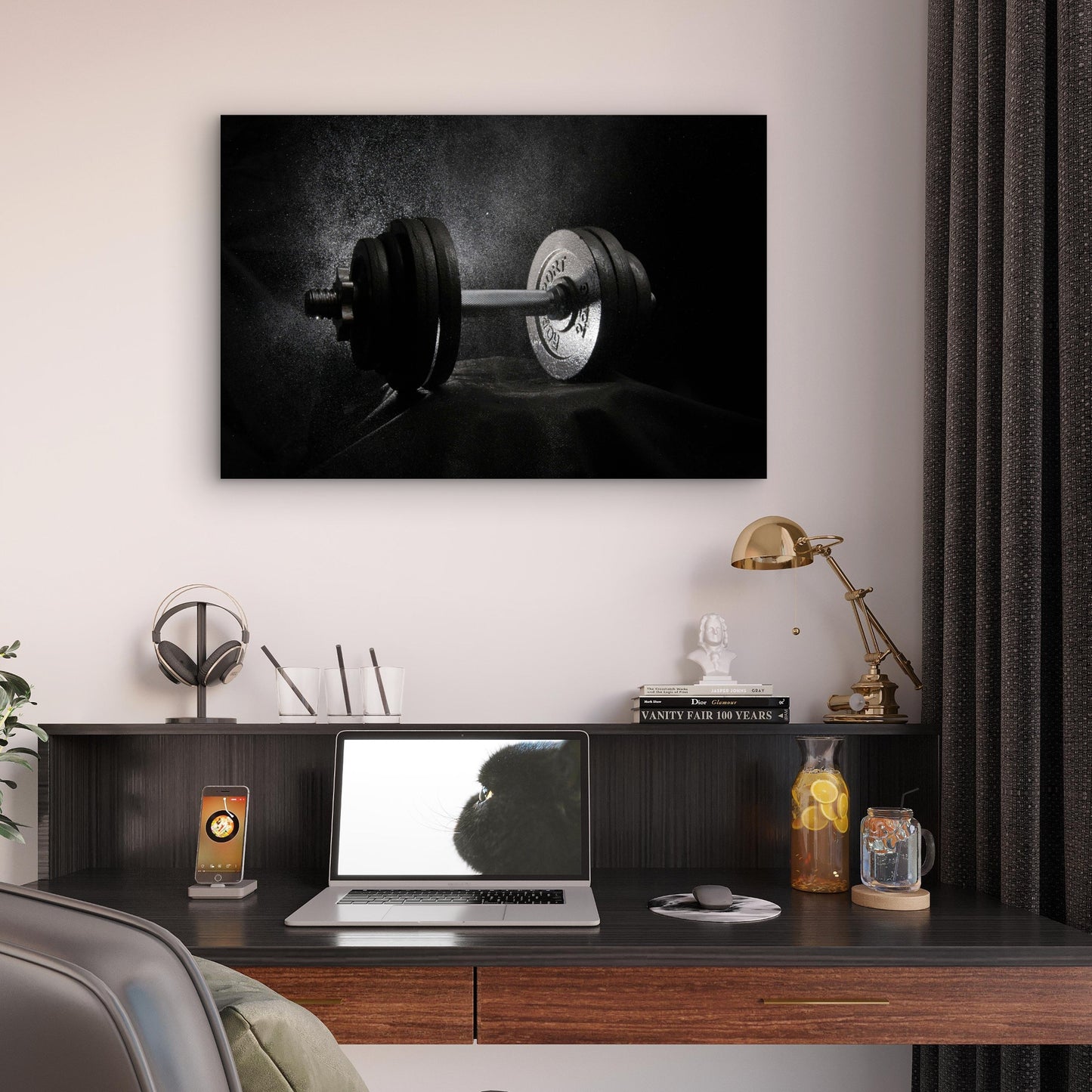 Black and White Dumbbell Weight Chalk Dust Splatter 5mm thick Plastic Poster Ready to Hang 90x60cm