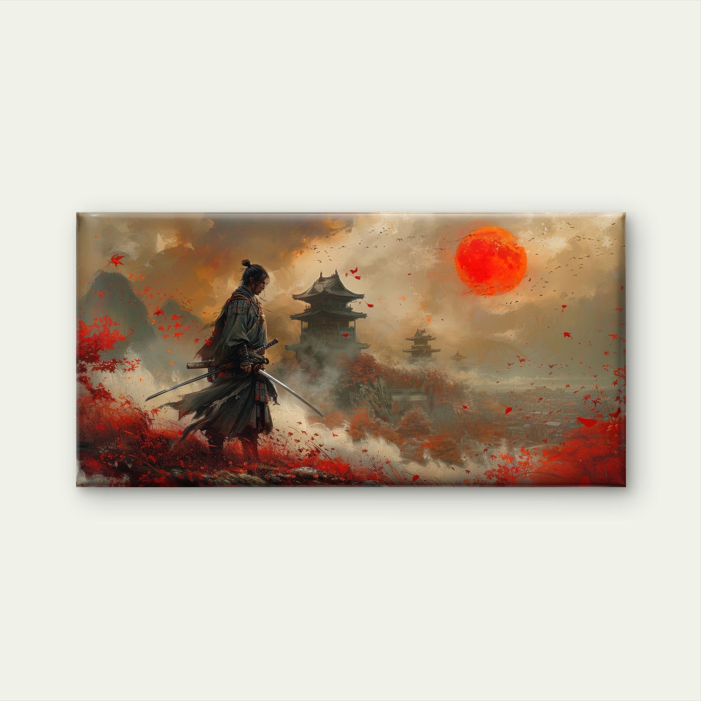 Epic Samurai Red Sun Wall Art Canvas Office Home Room Framed 120x60cm