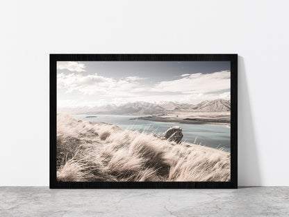 Sand Dunes near Beach & Mountains Photograph Glass Framed Wall Art, Ready to Hang Quality Print Without White Border Black