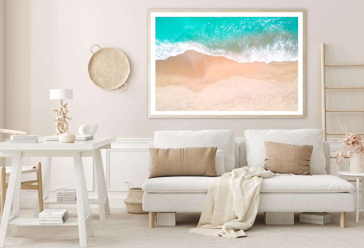 Aerial View Of Sandy Beach and Ocean with Waves Home Decor Premium Quality Poster Print Choose Your Sizes - Bella Home Decor