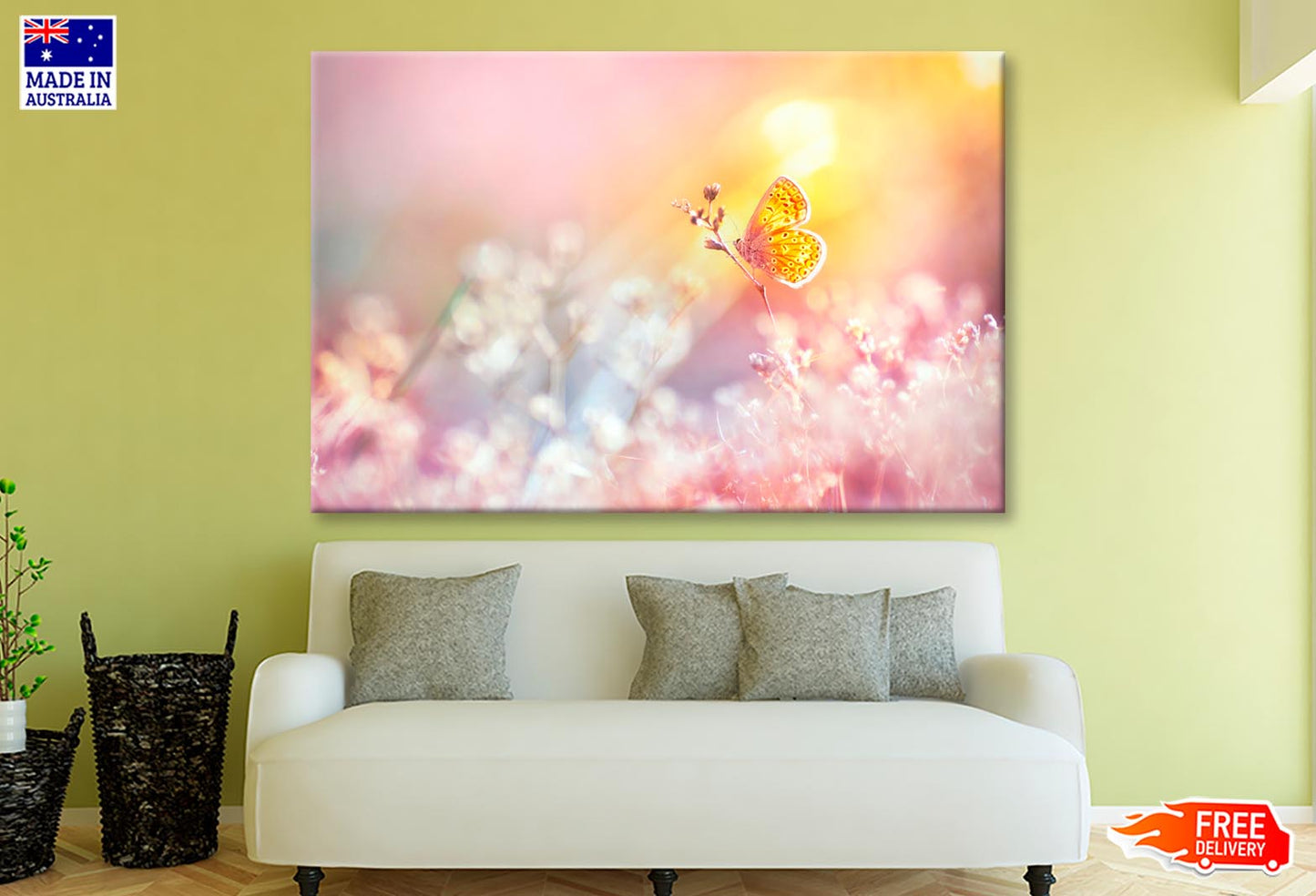 Golden Butterfly Glows in The Sun at Sunset Wall Art Decor 100% Australian Made