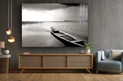 B&W Lonely Boat Lake UV Direct Aluminum Print Australian Made Quality