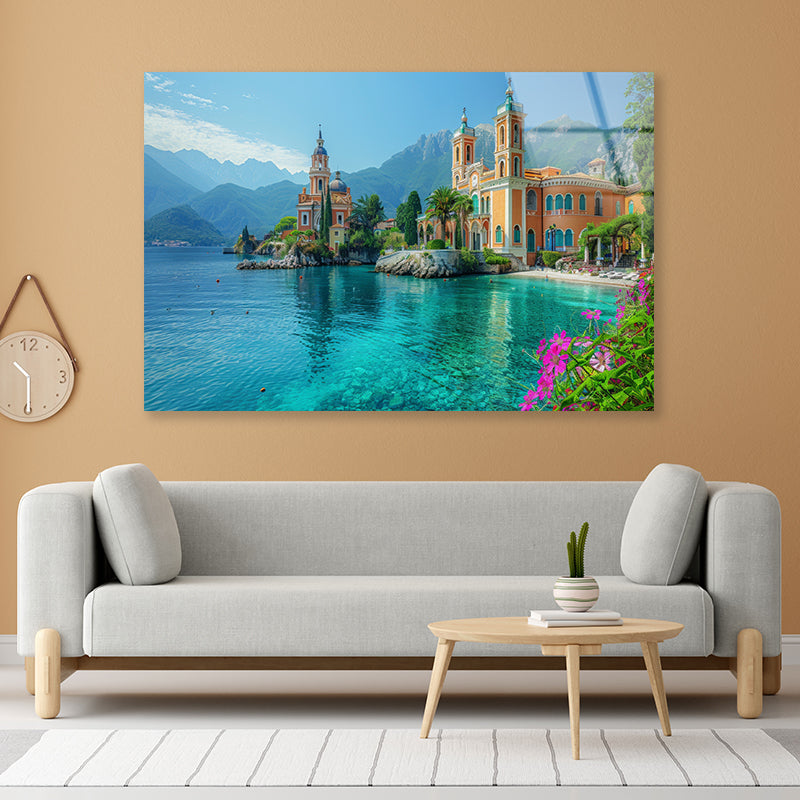 Building with a River, Mountains, Sky Acrylic Glass Print Tempered Glass Wall Art 100% Made in Australia Ready to Hang - Bella Home Decor
