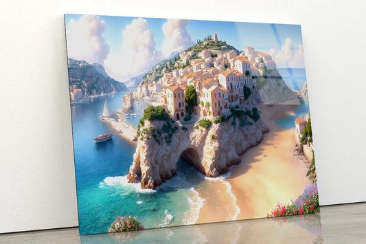 City Situated On a Cliff Overlooking Beach Acrylic Glass Print Tempered Glass Wall Art 100% Made in Australia Ready to Hang