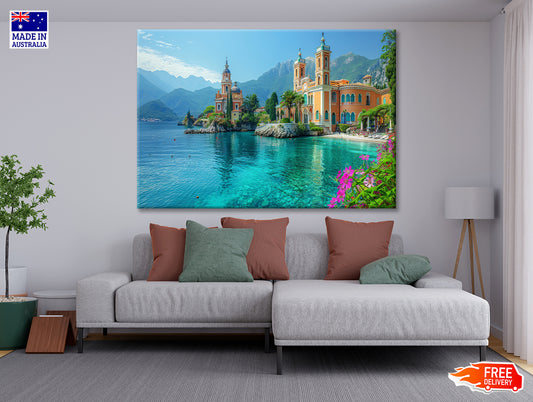 Building with a River, Mountains, Sky Print 100% Australian Made - Bella Home Decor