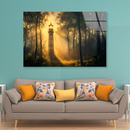 Lighthouse in the Woods, Sunlight Acrylic Glass Print Tempered Glass Wall Art 100% Made in Australia Ready to Hang - Bella Home Decor