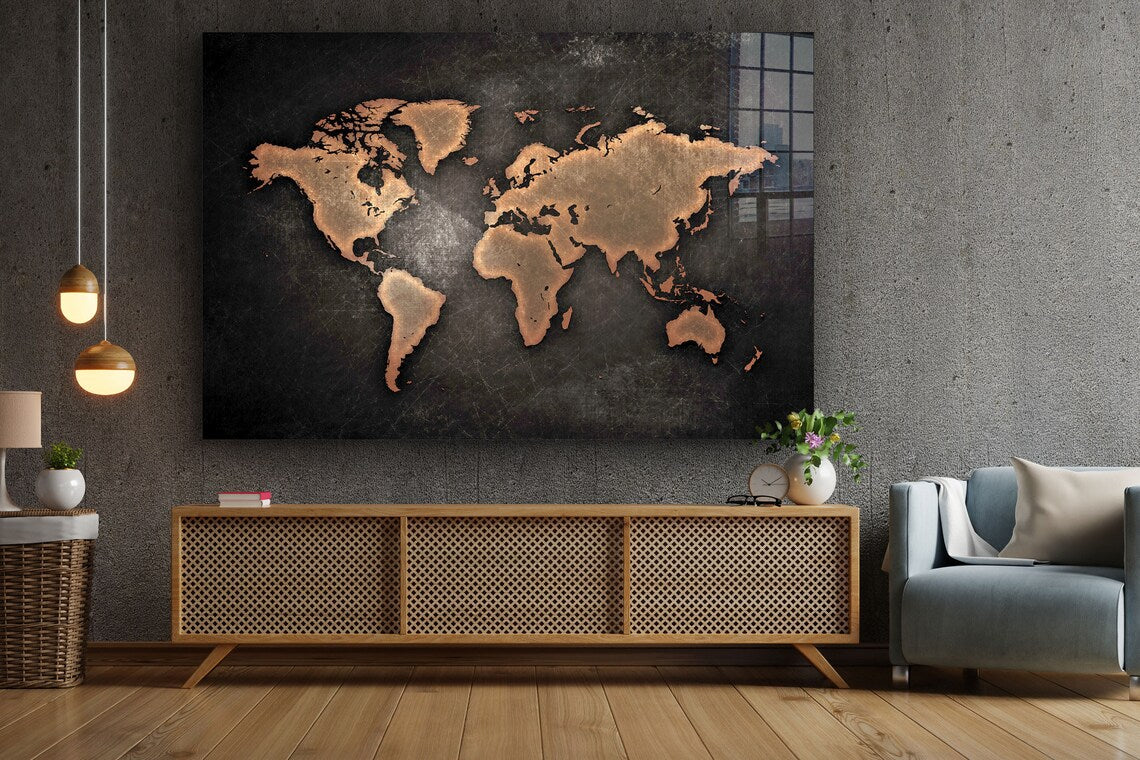 Brown World Map Vector UV Direct Aluminum Print Australian Made Quality