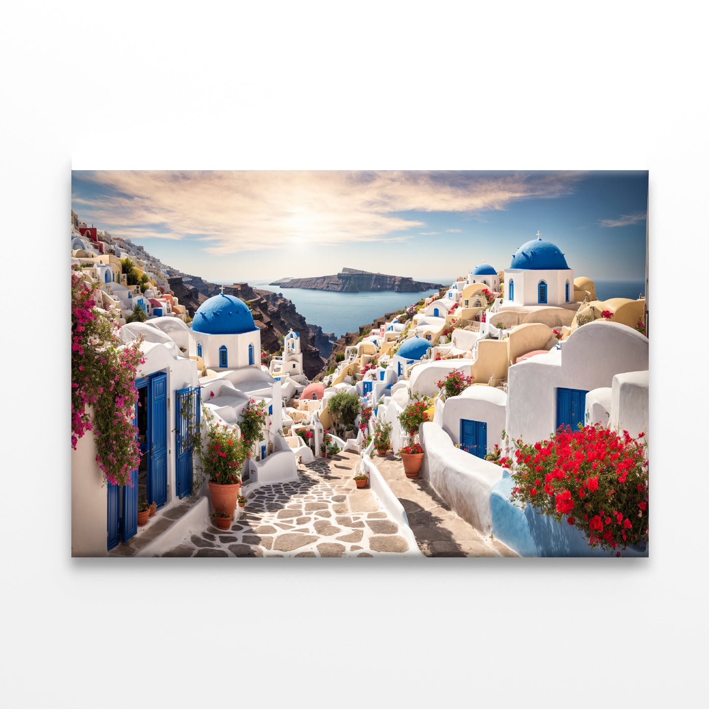 Streets of Santorini with Flowers Print 100% Australian Made - Bella Home Decor