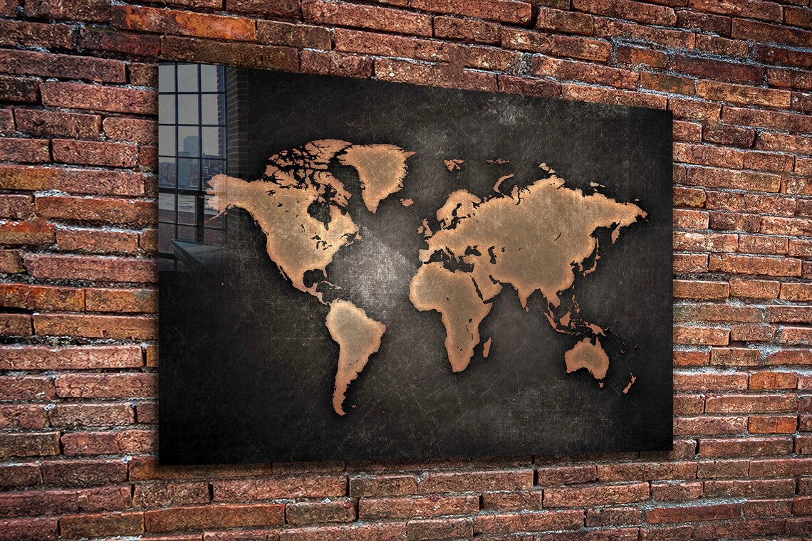 Brown World Map Vector UV Direct Aluminum Print Australian Made Quality