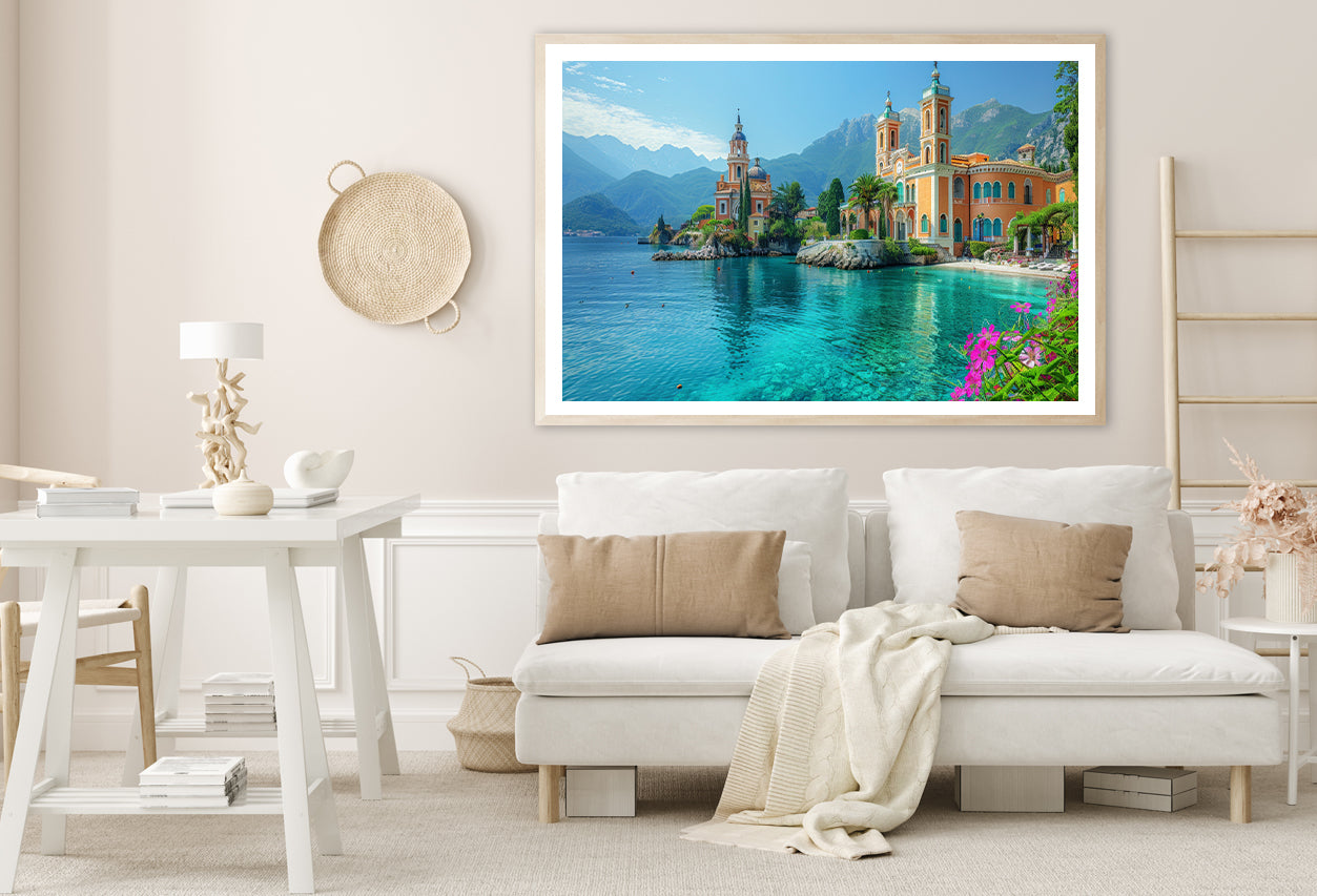Building with a River, Mountains, Sky Home Decor Premium Quality Poster Print Choose Your Sizes - Bella Home Decor