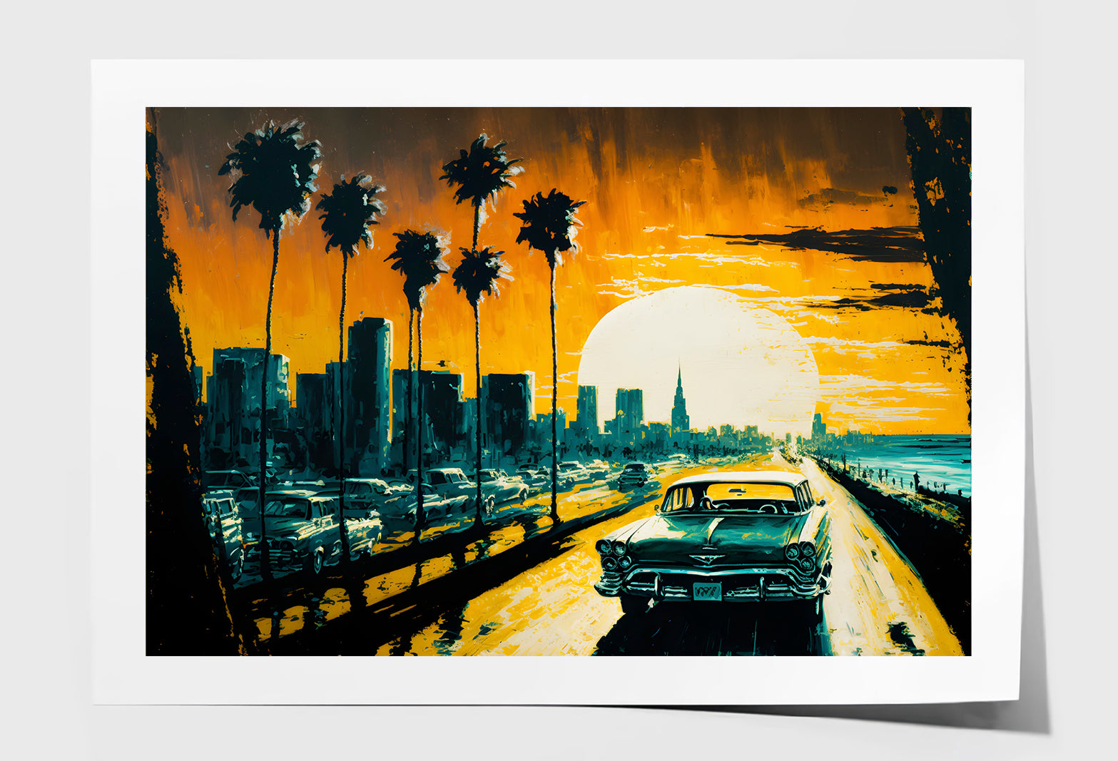 Car in Cityscape & Palm Trees Sunset Sky Oil Painting Wall Art Limited Edition High Quality Print Unframed Roll Canvas None