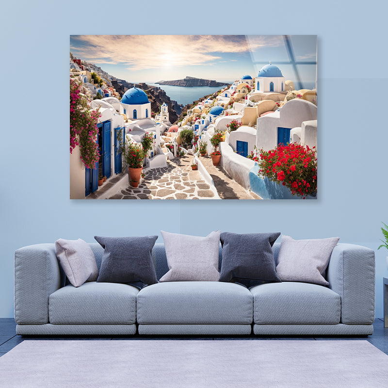 Streets of Santorini with Flowers Acrylic Glass Print Tempered Glass Wall Art 100% Made in Australia Ready to Hang - Bella Home Decor