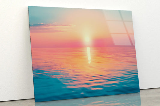 Stunning Sunset Over Calm Sea with Vibrant Colors Acrylic Glass Print Tempered Glass Wall Art 100% Made in Australia Ready to Hang